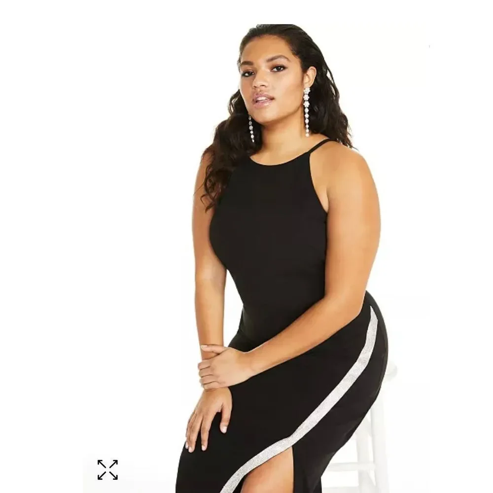 BCX Black Sleeveless Halter Maxi Evening Dress Rhinestone Bias Slit Size 3X New‎
